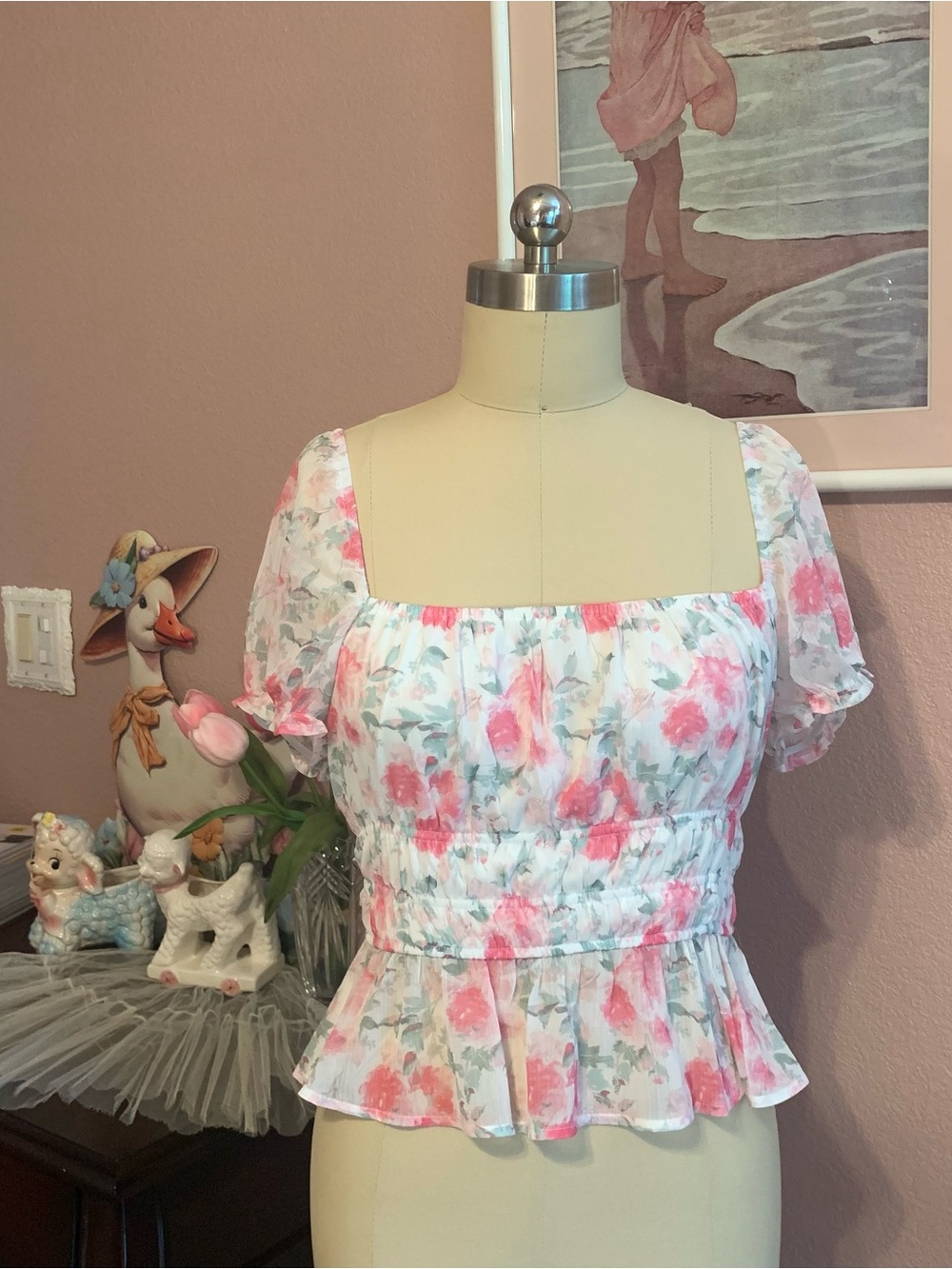 TRIXXI White Floral Square-Neck Ruffle Peplum Top